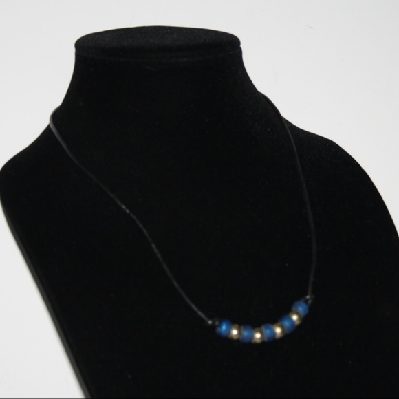 💙✨🖤 Cobalt Blue & Gold Glass Bead Necklace · Leather Cord · NWOT - Picture 1 of 5